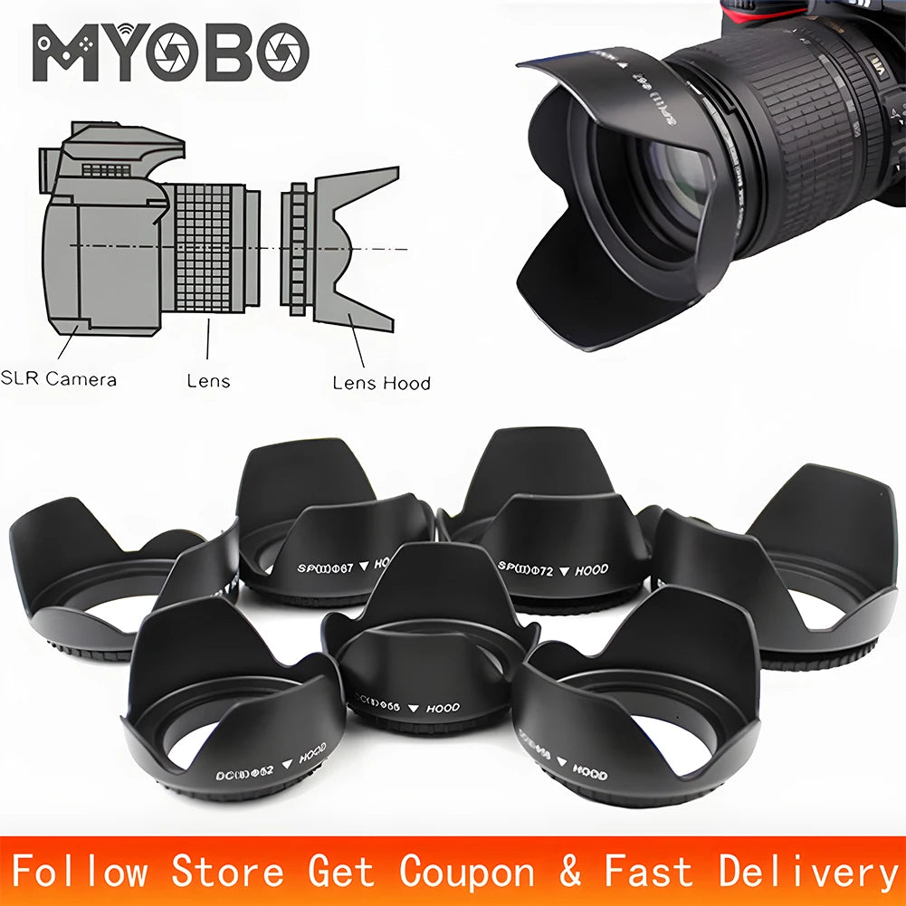 MYOBO Camera Lens Hood - 49 52 58 55 62 67 72 77 82 mm for Canon Nikon Sony DSLR SLR Camera Lente Protector Shade