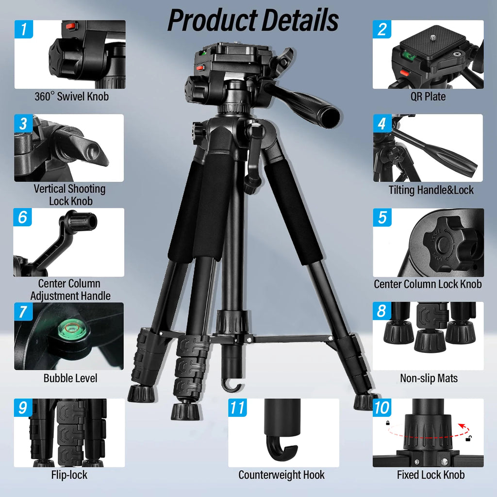 Tripod for Camera, Camera Tripod 60" Heavy Duty Tripod, Phone Tripod for Video Recording Photo Vlog, Iron Camera Tripods
