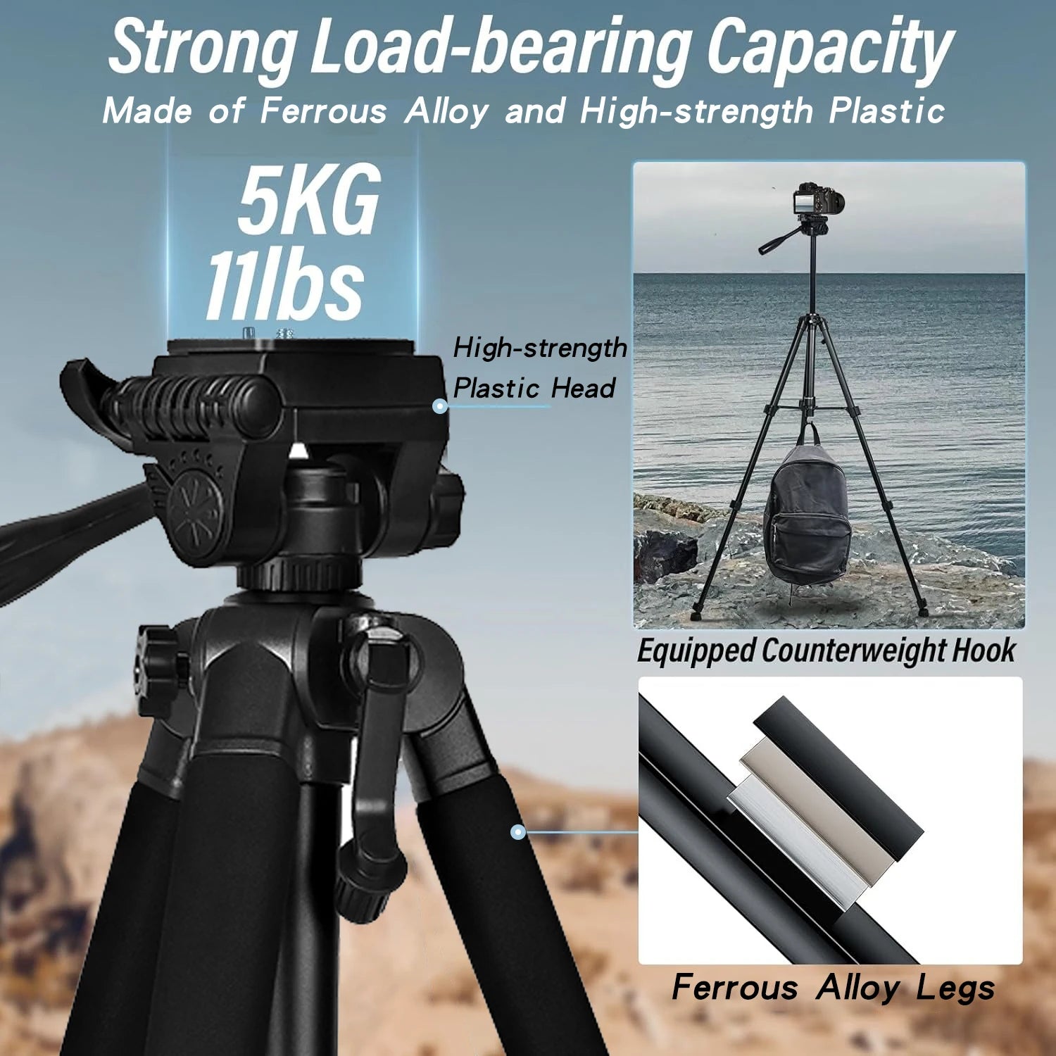 Tripod for Camera, Camera Tripod 60" Heavy Duty Tripod, Phone Tripod for Video Recording Photo Vlog, Iron Camera Tripods